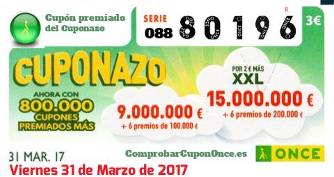 Cuponazo ONCE premiado el Viernes 31/3/2017