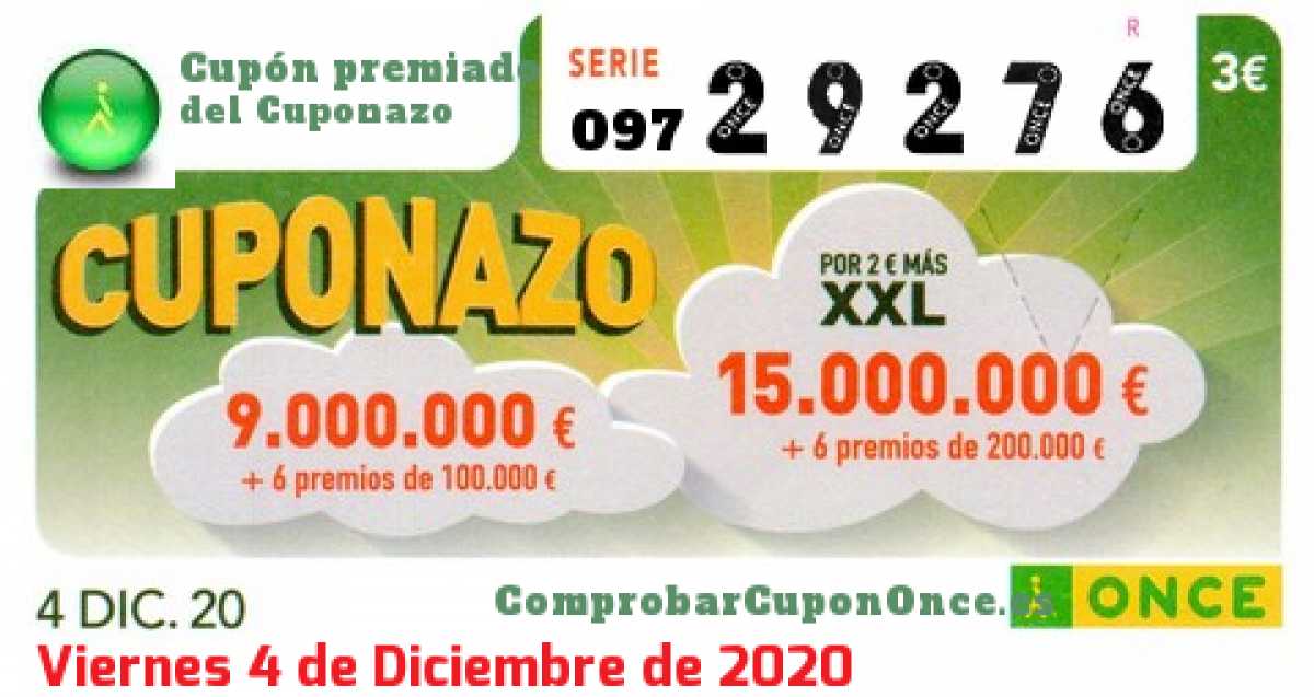 Cuponazo ONCE premiado el Viernes 4/12/2020