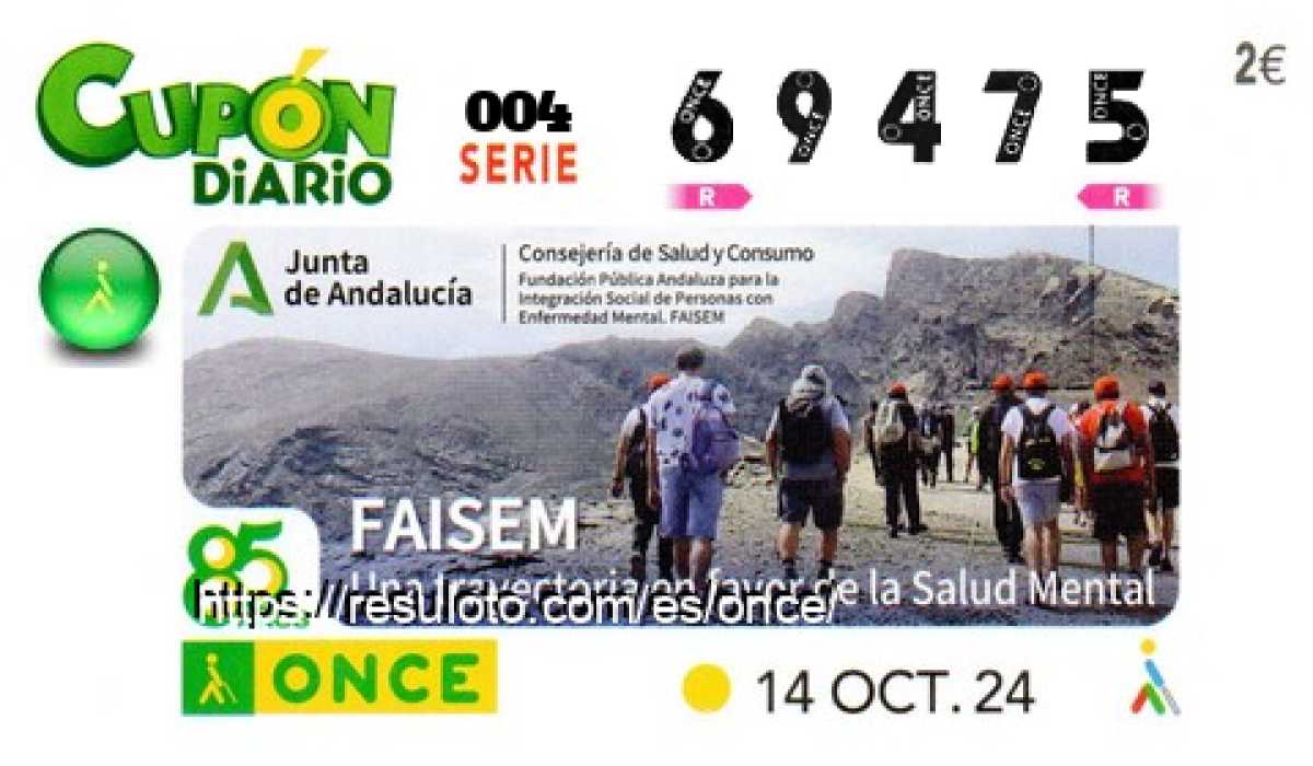 Cupón ONCE premiado el Lunes 14/10/2024