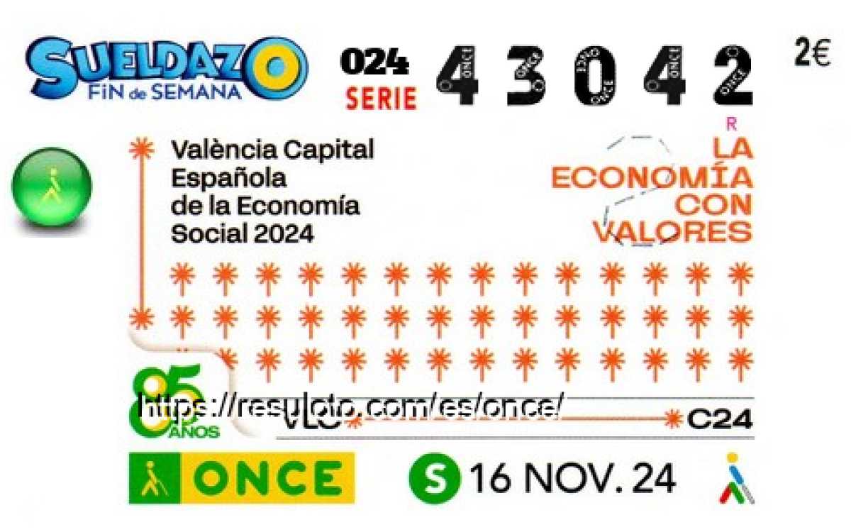 Sueldazo ONCE premiado el Sabado 16/11/2024