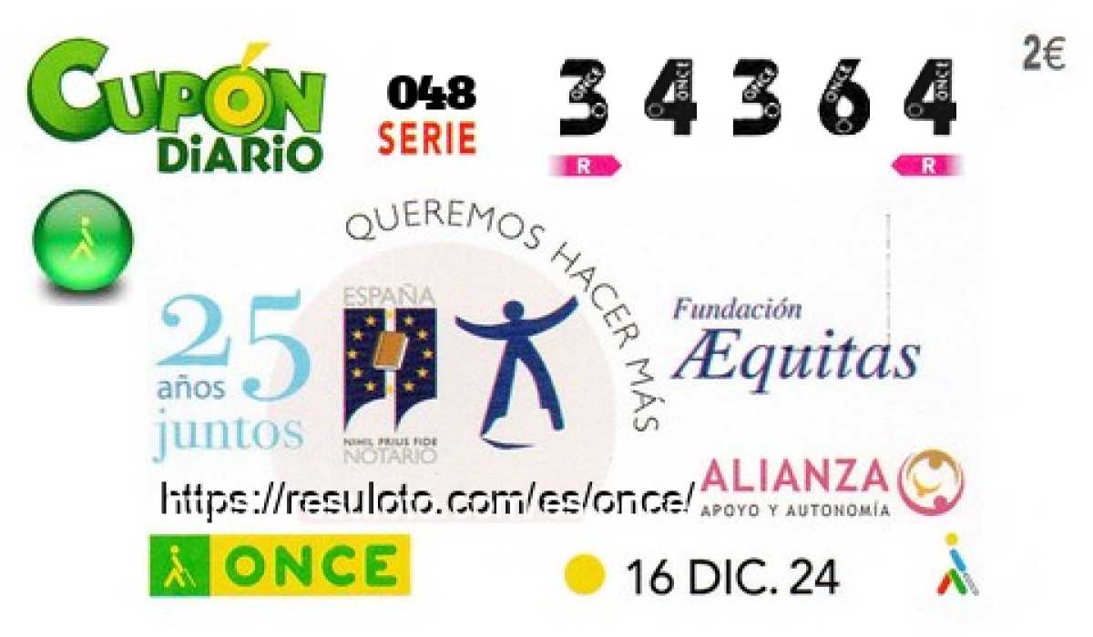 Cupón ONCE premiado el Lunes 16/12/2024