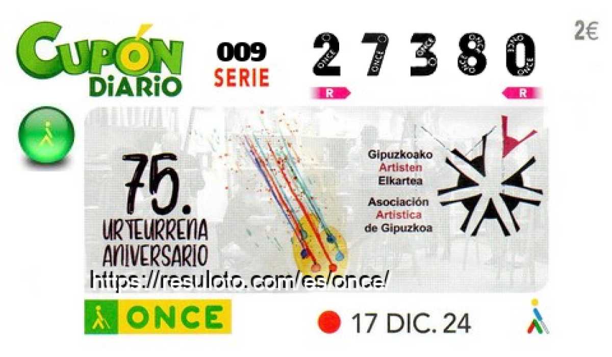 Cupón ONCE premiado el Martes 17/12/2024